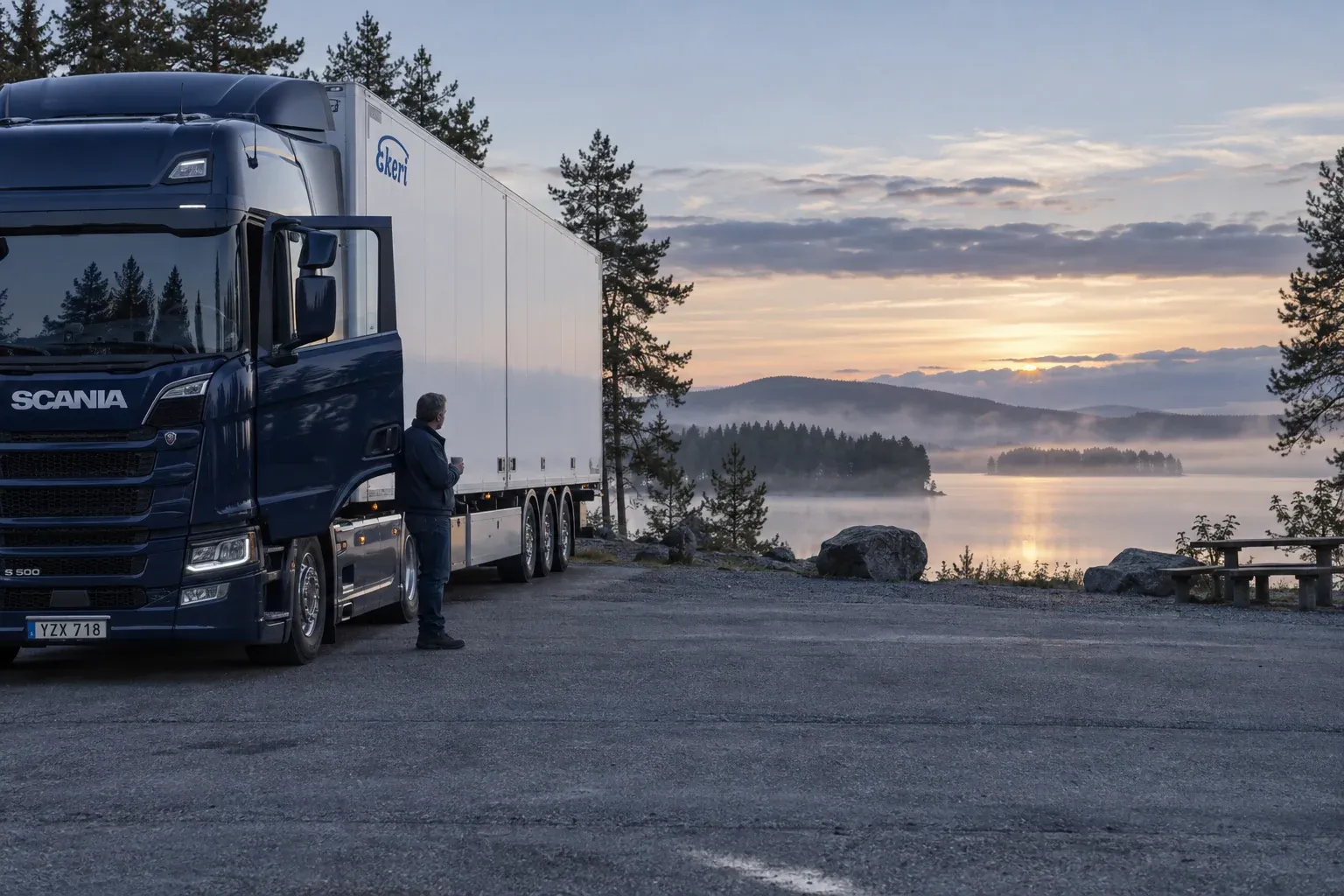 Un conducteur en pause près de son Scania, au bord d’un lac. Visuel généré.